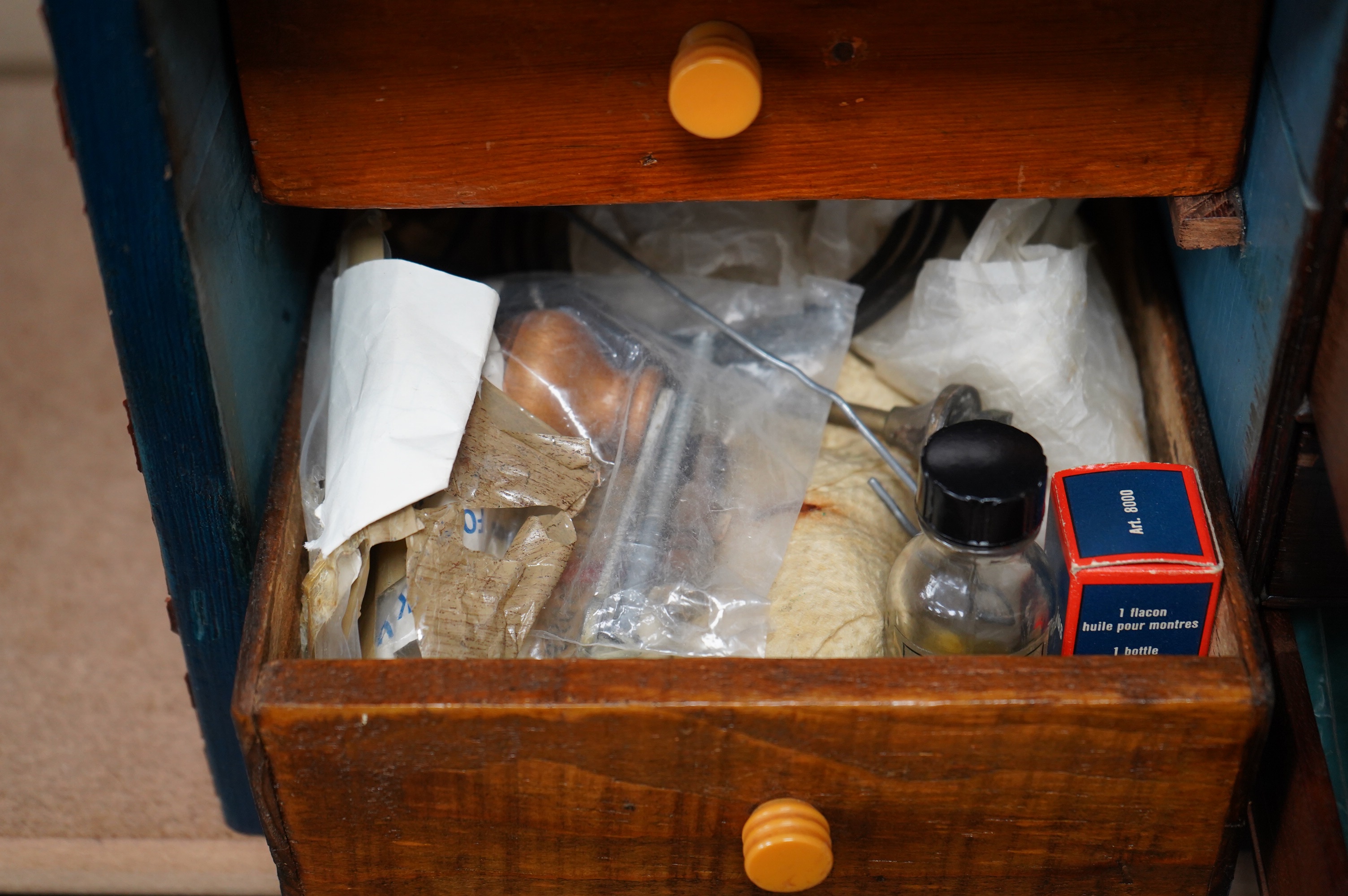 A quantity of clock parts, keys and tools of interest to a clock repairer. Condition - varies